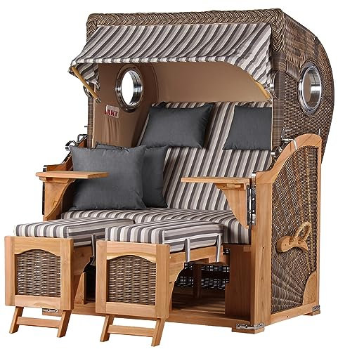 bene living Strandkorb Ammersee Teak Bullauge - PE grau - Modell 545 - Zweisitzer inkl. Liftersystem