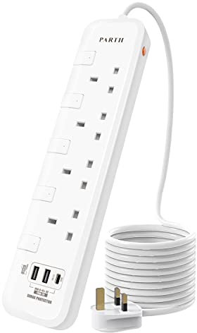 5M Extension Lead with USB Slots, 4 Way 3 USB (2 USB A &1 USB C) Wall Mounted Power Strip Surge Protector, Plug Extension Socket with Swithches 5 Meters Cable UK Surge Protected Extension Cord