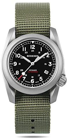 BODERRY Orologio Uomo Automatico Titanio – 40mm Orologio da Campo Militare, Movimento Meccanico Giapponese, Funzione Giorno-Data, Corona a Vite, Impermeabile 100m, Cinturino in Nylon – VOYAGER