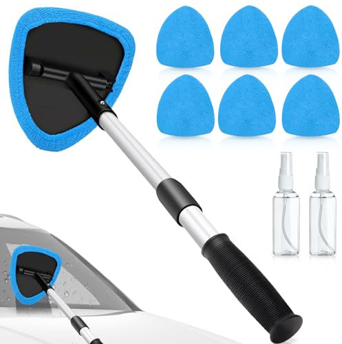 Auto Nettoyeur Vitres Nettoyant Vitres Intérieur Voiture : 9 Pièces Bleu Nettoyeur Pare-brise Rétractable, Kit d'Essuie-glace Auto avec 6 Tampons en Microfibre, 2 Bouteilles Pulvérisateurs, 40 cm