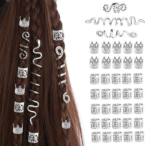 38 Stück Verstellbar Metall Cuffs,Dreadlocks Schmuck,Dreadlocks Perlen Haarschmuck,Dreadlocks Zubehör,für Haarstyling(Silber)
