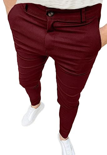 Osheoiso Pantalon Homme Slim Fit Vêtements Cargo Chino Pantalons Casual Stretch Pantalon de Costume Doux Vintage Élastique Pantalon Business Skinny Pantalon A Vin Rouge XL
