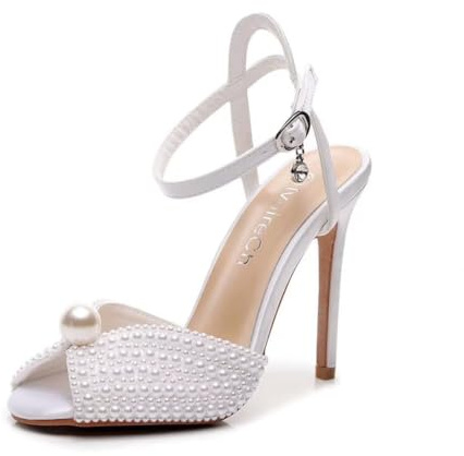 IvoireCh Womens Pearls Wedding Sandals Open Toe Stiletto 4 Heeled Sandals Bridal Pearl High Heels for Evening Party