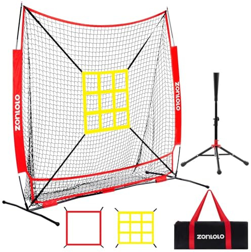 ZONLOLO 6x6ft Baseball & Softball Net for Hitting,Pitching and Batting, Throwing,Baseball net with Sturdy Bow Frame,Battting Tee,Strike Zone, Middle Size,Suitable for Kids! (Red)