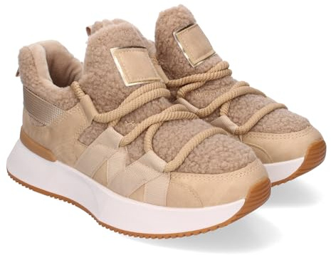 85479 Zapatillas Deportivas para Mujer con Forro de Borreguillo, Suaves y Comodas, Diseno Moderno, Cierre de cordoneras, Ideal para Otono-Invierno. Beige Talla 41