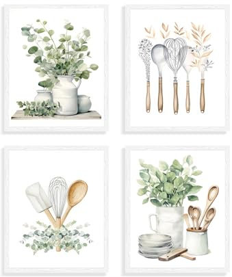 Dazzlewall 4 PCS Botanical Kitchen Wall Art Poster Sage Green Eucalyptus Leaves Prints, Boho Plant Wall Pictures for Kitchen Dining Room Decor 8x10 in Unframed