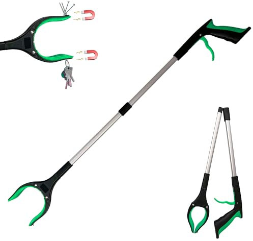 84cm Long Foldable Litter Pickers Grabber Stick, Helping Hand Grabber for Disabled, Elderly and Adults Heavy Duty Pick up Stick Grabber-Green