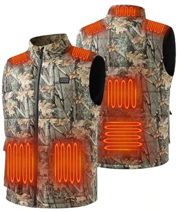 Auxo Gilet da caccia riscaldato da uomo con batteria da 10000 mAh 3,7 V inclusa, gilet riscaldato elettrico mimetico leggero, Mimetico, L