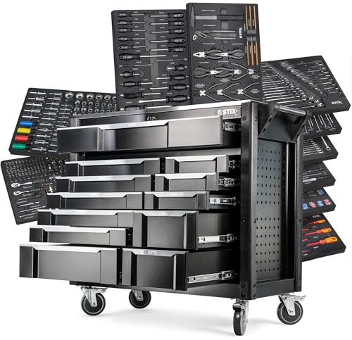 STIX Chariot Outils 451 pcs CR-V avec 12 Tiroirs – Servante Pro Atelier avec Plan INOX & Parois Perforées UltimatePro D12/TS2