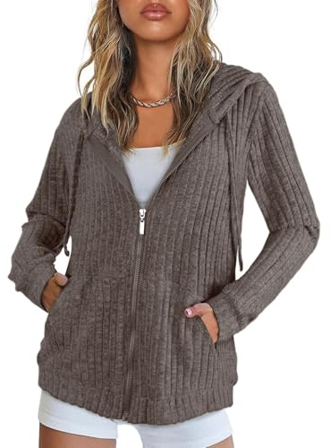 Flikity Damkoftor dragkedja damhuvtröjor med stora fickor långärmad tunika toppar damer lätta jackor vardagliga arbetskläder M-XXL, Brun, M