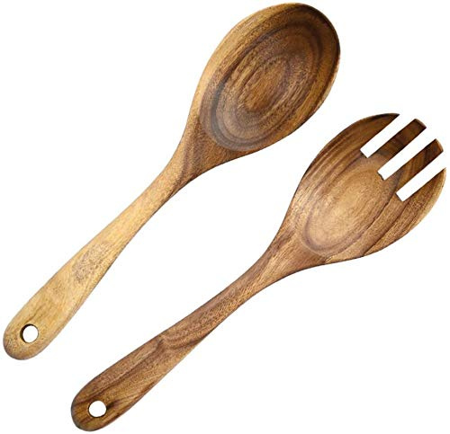 Lot de 2 cuillères à salade en bois d'acacia rétro