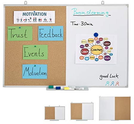 Relaxdays Tableau Blanc combiné 2 en 1, Panneau en liège, magnétique, Cadre en alu, Rangement, 60 x 90 cm, Blanc/Naturel