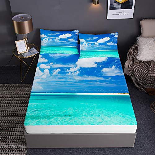 Chickw1 Ozean Drucken Spannbetttuch für Boxspringbett, Rutschfestem Spannbettlaken mit 2 Kissenbezüges - Mikrofaser Matratzenschoner bis 30cm Hohe (Blauer Himmel Meer,200x200x30cm)