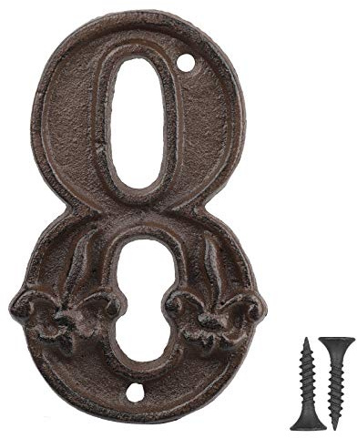 Vandicka Números de forja para indicar la numeración de las casas, puertas y calles, color marrón envejecido, acabado óxido con estampado de flor de lis, 12 cm, 8