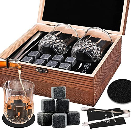 Set da Regalo di Pietre e Bicchieri di whisky: 8 Pietre Raffreddanti & 2 Bicchieri da Bar, 1 Pinze per Pietre da Scotch, 2 Sottobicchieri, Riutilizzabili per Uomo & Donna