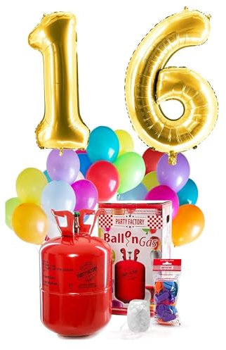 Party Factory – Helium Gasflasche 400L Komplett Set mit XXL Zahlenballon 16 Gold – Partydeko Ballongas Flasche mit Folienballon, 30 Latexballons & 40m Ballonschnur – Für Geburtstage & Feiern