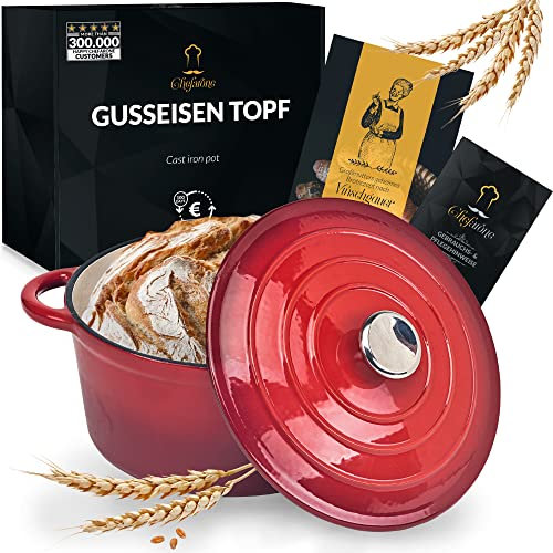 Pentola in ghisa per cuocere il pane 24 cm – 3,5 L Casseruola in ghisa smaltata per stufare, cuocere e arrostire – Pentola per pane con coperchio a induzione – Casseruola in ghisa (rosso)