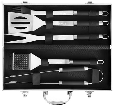 Lehmann Couverts pour barbecue, 5 pièces dans une valise élégante, acier inoxydable, barbecue confortable, belle apparence, durable et maniable, idée cadeau
