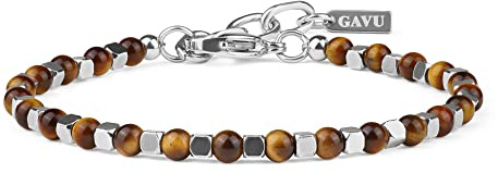 GAVU Bracciale da Uomo con Perline di Occhio di Tigre Marrone e Pepite Quadrate di Acciaio Inox