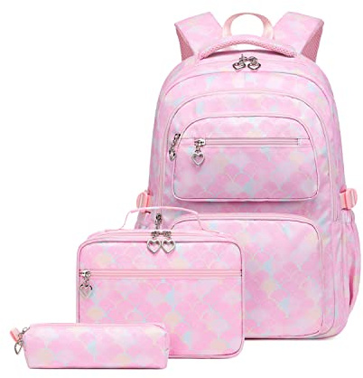 Mochila para niñas con lonchera aislada, Combo de 3 Piezas, Bolsas Escolares para niñas con Bolsa de Almuerzo, Rosado (3pcs-Mermaid-Pink), 3Pcs Backpack Set, Moderno