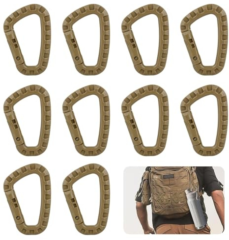 MisFun 10 Pezzi Moschettone in Plastica, Arrampicata Tattico, Forma di D, per Zaino Campeggio Viaggio (Cachi)