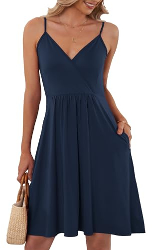 AUSELILY Robe élégante D'été Femme Bretelles sans Manches Robes Décontractée Courte Col en V avec Poches(L,Bleu Marin)