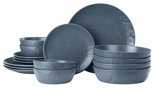 Navaris Vajilla Completa para 4 Personas - Vajillas Completas Modernas de Gres - 16x Platos Vajilla con Platos y Cuencos - Apto para Microondas Lavavajillas y Horno - Azul ahumado