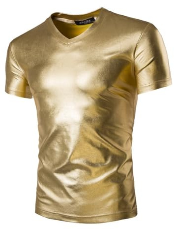 Men's Metallic T-Shirts, Short Sleeves Shiny Wet Look Tunic Tops for Clubwear, V Neck Solid Leather Look Party Tee Top Blouse T-Shirt, Slim Fit Casual Pullovers for Dance Disco Nightclub Costume Gold