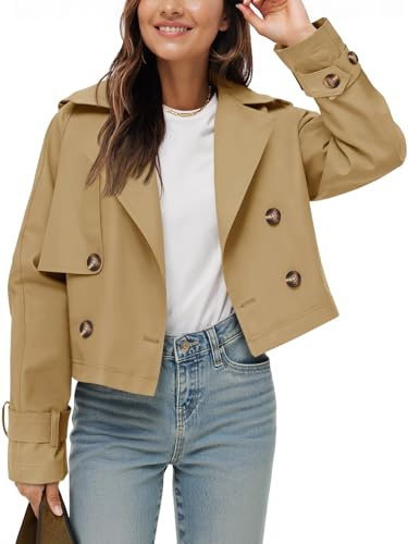 Tankaneo Womens Cropped Trench Coat Lapel Double Breasted Short Jacket Outwear