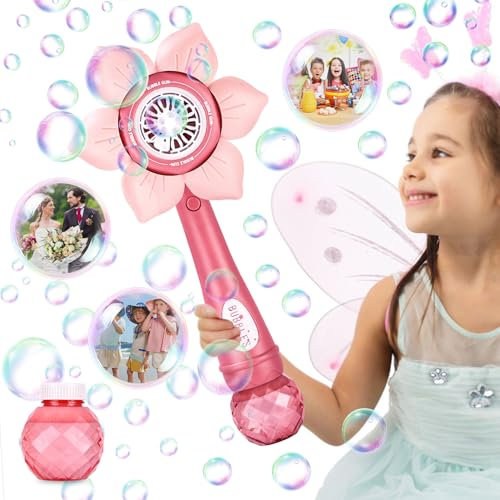 Blumen Seifenblasenstab, Wiederaufladbarer Seifenblasenstab, Elektrisch Seifenblasenspielzeug mit 160ml Seifenblasenlösung, Über 10000 Blasen/Minute Blasenspielzeug, für Geburtstag/Party/Hochzeit