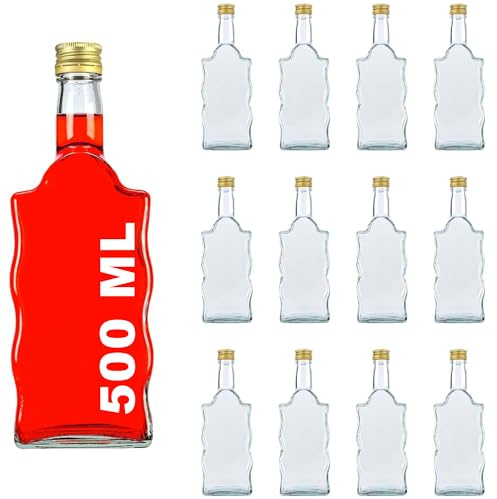 casavetro Waritan - 12 Bottiglie di Vetro con Tappo a Vite Dorato, 500 ml, da Riempire come Bottiglie di Succo, Sciroppo, Liquori, 0,5 Litri con Tappo