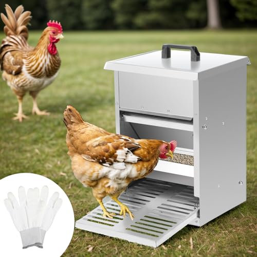 Sonnewelt Futterautomat Hühner 5KG, Futterspender Futtertrog mit Automatisches Pedal, Hühnerfutter für Geflügel ideales Hühner Zubehör, Wasserdicht und rattensicher, verzinkt