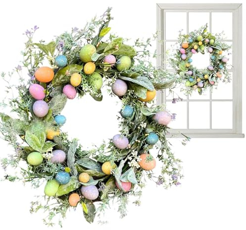 Ghirlanda di uova di Pasqua grandi per porta d'ingresso, 45 cm, ghirlanda di uova artificiali pasquali per porta d'ingresso, da appendere alla parete, ghirlanda con foglie verdi, decorazione pasquale