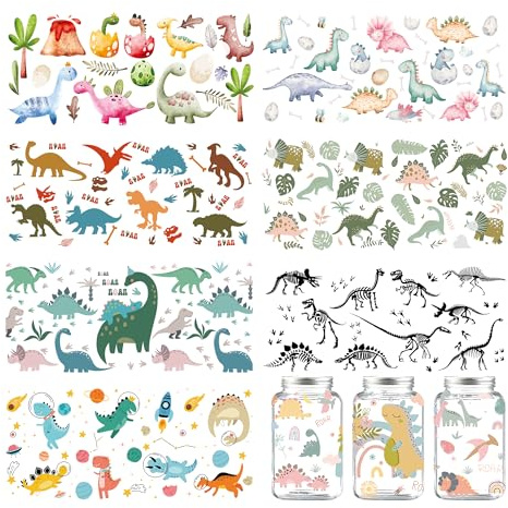 UV DTF Cup Wrap Transfer - 8 Sheet Dinosaur Theme Rub On Transfers Wraps Decal Cute Dinosaur Colorful Pattern Waterproof Stickers for Girls Boys 16 Oz Glass Cups Furniture DIY Crafts Holiday Gifts