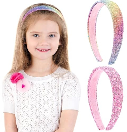 NINFEIQI 2Pcs Glitter Headbands for Girls, Sparkly Wide Headband Plastic Cute Non Slip Hairbands, Sequin Little Girl Hair Accessories for Children Kids Women