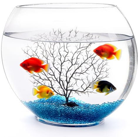 Okllen Mini Glass Fish Bowl, Oblate Small Fish Tank with Blue Aquarium Decor Sands and Plastic Coral Branch Tree Ornament for Betta Fish Aquarium, 1Gallon