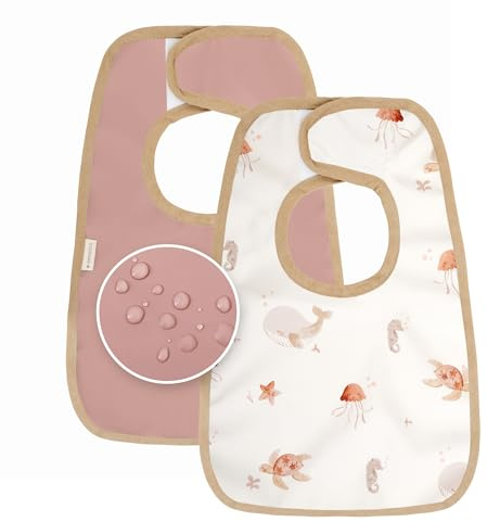 MIMUSELINA | Lot de 2 Bavoirs Bebe Imperméables | Bavoir Maternelle Facile à Enfiler | Grand Bavoir Bébé pour Repas | Puericulture Bébé | Bavoirs Enfant Reutilisables | Fabriqué en Espagne