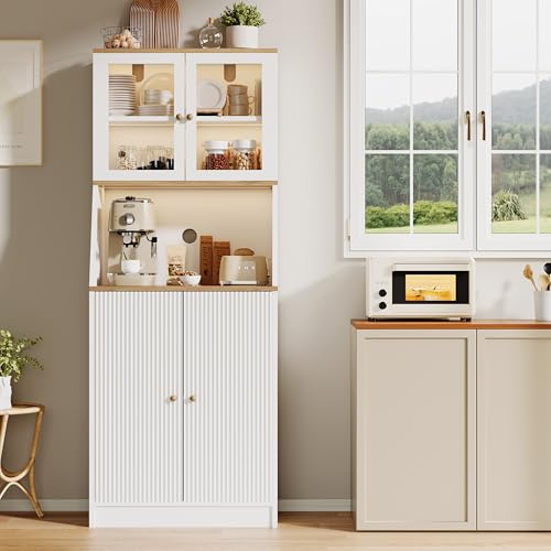 Köksskåp med bänkskiva, bufféskåp med 2 glasdörrar och LED, köksbuffé med 4 dörrar, justerbar hylla, högskåp, multifunktionsskåp för kök, vardagsrum, matsal (vit-XF01, 70 x 40 x 180)