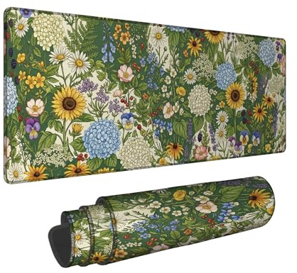 Sunflower Large Mouse Pad, Floral Vintage Hydrangea Chrysanthemum Spring Green Rubber Smooth Desk Aesthetic Long Pad Mat Accessories for Office Home Computer Laptop 16x36 Inch