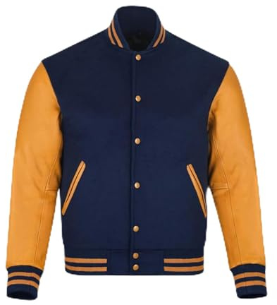 warrior gears Chaquetas universitarias para Hombre con Cuerpo de Lana y Mangas de Cuero, Chaqueta Bomber clásica Retro de Moto Letterman para Hombre, Azul marino y dorado. - XL
