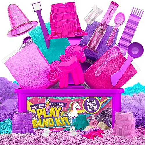 GirlZone Cadeau Fille Kit de Sable Royaume de Licorne, 0,9 Kg de Sable de Jeu Moulable, 4 Couleurs et 7 Outils Jouet Sensoriel Excellente Idée d'Anniversaire pour Enfants
