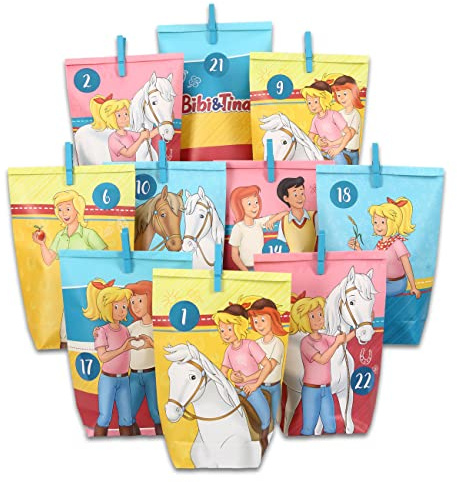 Papierdrachen Adventskalender för fyllning – 24 färgglada tryckta presentpåsar och 24 sifferklistermärken och klämmor – motiv Bibi & Tina – för pyssel och present – jul