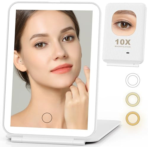 Auxmir Specchio Trucco con Luci Ricaricabile, Specchio da Viaggio con Specchietto 10X, 3 Modalità di Luci Luminosità Regolabile Specchio Pieghevole con Pulsante Touch, Compatto per Viaggio e Casa