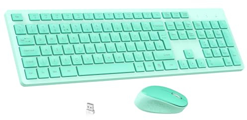 LeadsaiL Wireless Keyboard and Mouse Set, Full Size Ergonomic Design, UK Layout, Two-Tone Design, Noiseless Click, 12 Multimedia Shortcuts, Compatible with Windows/Mac PC Laptop - Mint Green