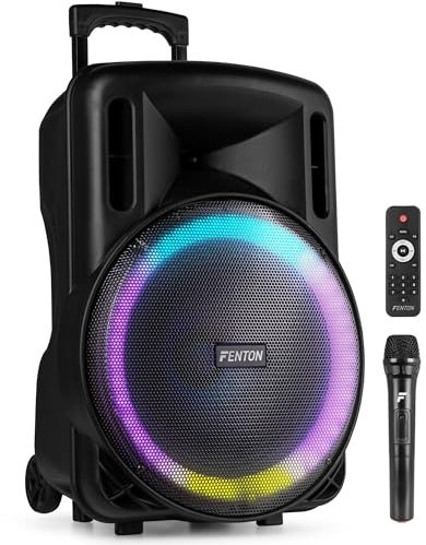 Fenton FT15LED MK2 - Altavoz Activo portatil, 15” 800W Bluetooth, USB, SD, micrófono inalámbrico UHF, Woofer LED, batería, Entrada aux, Talkover, Control Remoto, Trolley, emparejamiento estéreo