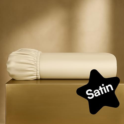 Spannbettlaken 180x200 Creme (Bio-Baumwolle, ungefärbt mit sichtbaren Baumwollsamen) | Mako Satin Bettlaken für Matratzen bis 30 cm Höhe | Einfarbig | Hotelqualität