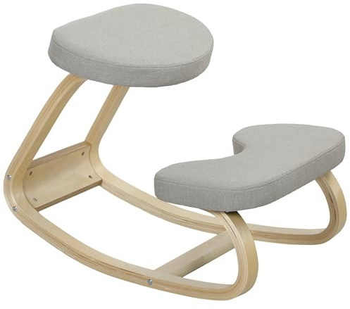 HOMCOM Silla de Rodillas con Movimiento de Balanceo, Silla Postural Ergonómica en Tela Efecto Lino y Madera de Abedul, 50x73x55 cm, Gris Claro