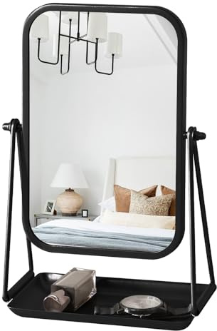 Gosider Desktop Mirror Small Black Rectangle Dressing Table Mirrors with Storage Tray Metal Framed Table Desk Mirror 360 Degree Swivel Portable Tabletop Make Up Mirrors for Office Bathroom Bedroom
