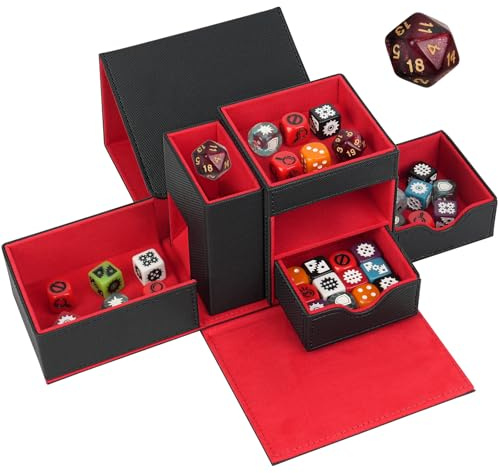 Jaffzora Dice Tray & Dice Roller Tower, Magnetic Dice Storage Box for Rolling, 3 in 1 Leather Dice Organizer Holder Fits for Dungeons & Dragons, MTG DM and Player, Black & Red