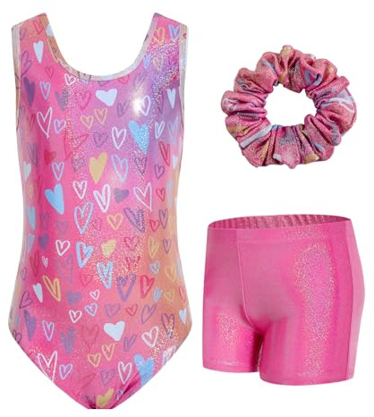 JiAmy - Ensemble de justaucorps de gymnastique pour filles avec shorts, 3 pièces - Tenue athlétique pour enfants - Tenue de danse de ballet sans manches pour enfants de 3 à 12 ans, 5-6 ans